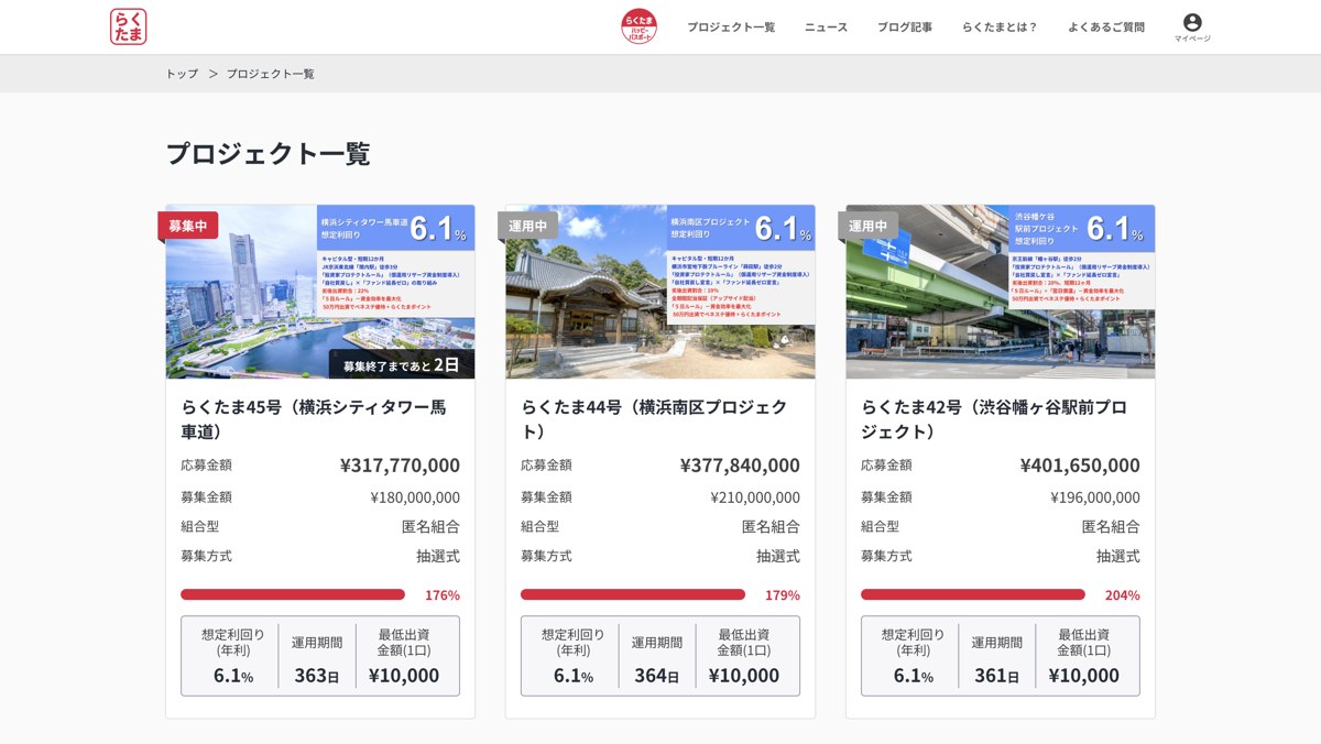 らくたまのプロジェクト一覧画面。1口1万円の最低出資金額と抽選式の募集方式が表示されている